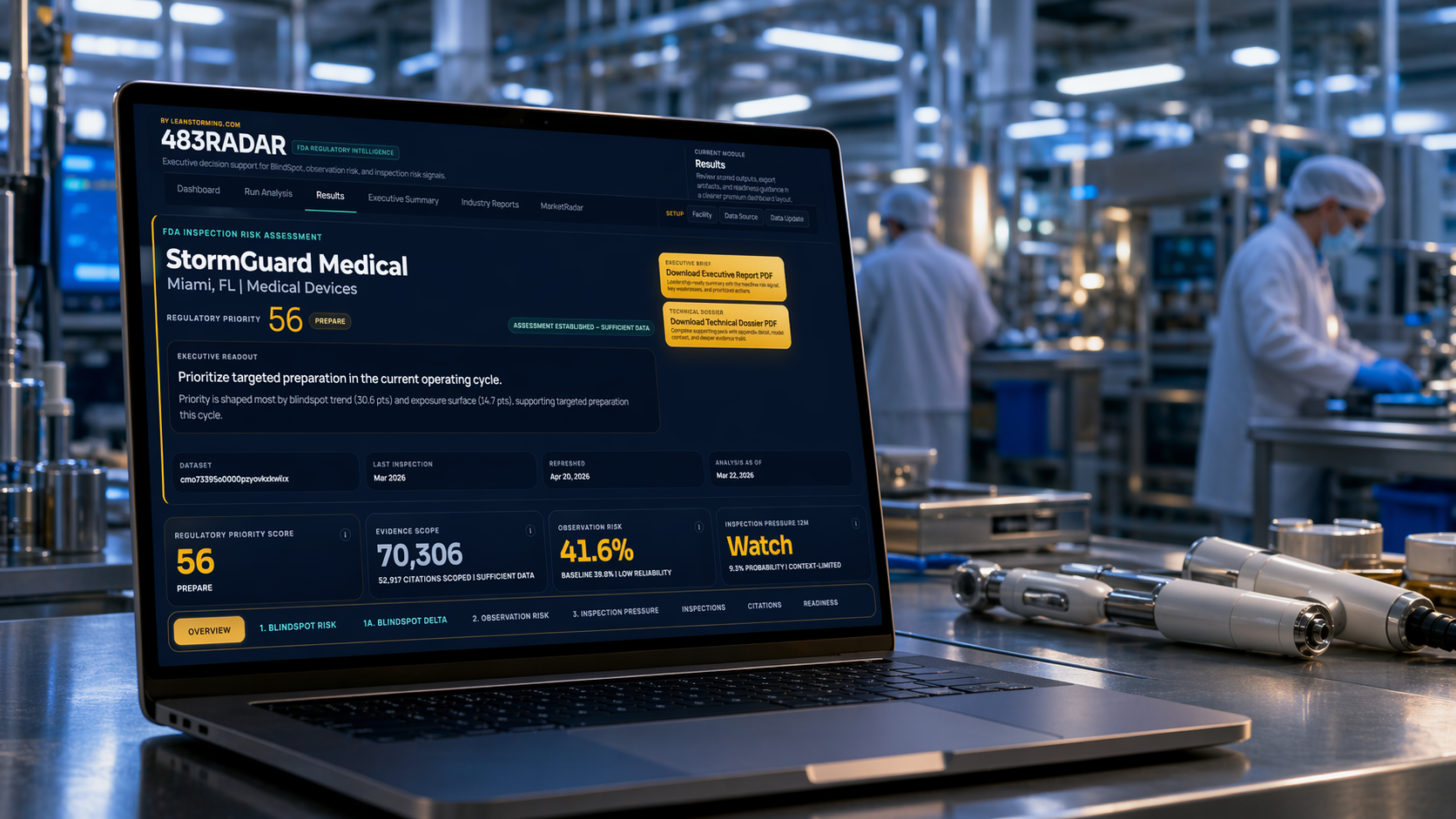 483Radar leadership action visual showing the product in a medical device manufacturing environment.